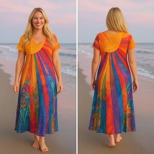 Rainbow Quilted Sun Dress 3X‎ Plus Size Colorful Art to Wear Unique
